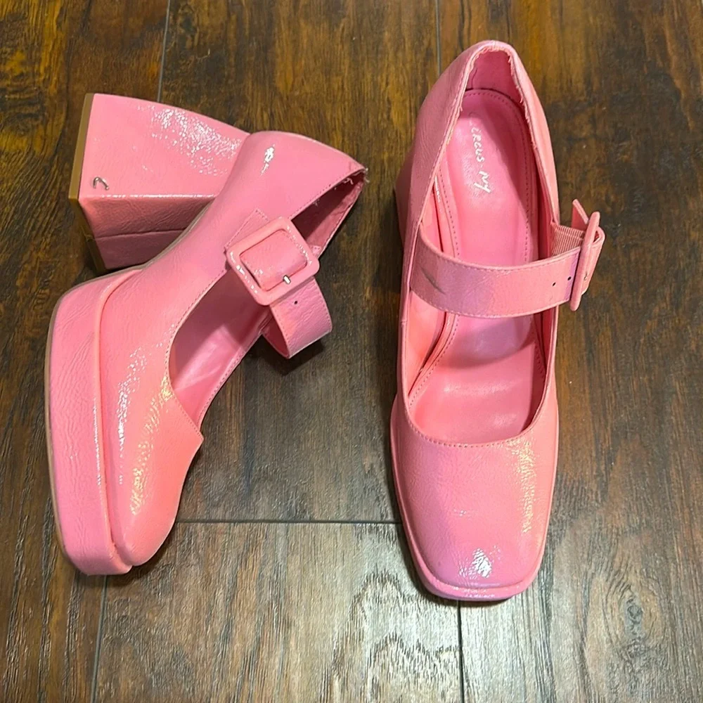 Mary Jane Khiara Shiny Textured Pink Platform Patent Leather Block Heeled Shoe